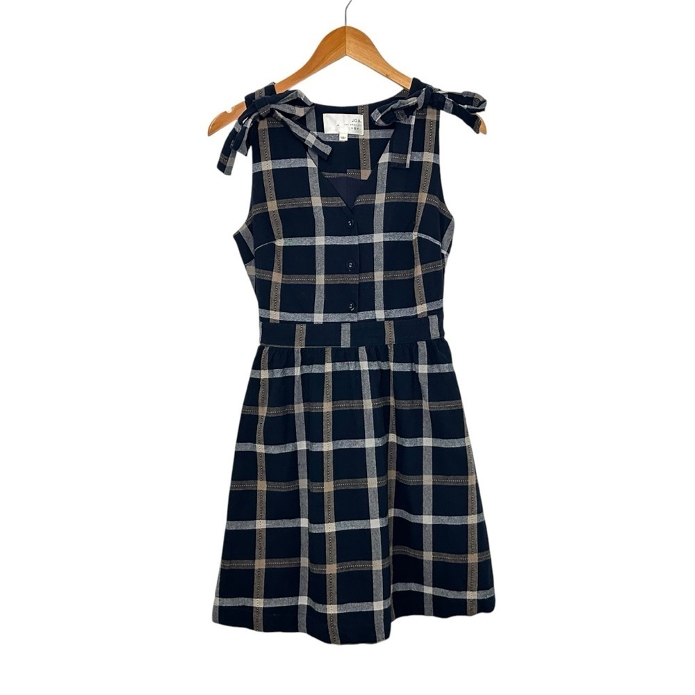 J.O.A Women Sleeveless Plaid Tie Waist Dress Sz Small Navy Blue Bow Detail Lined